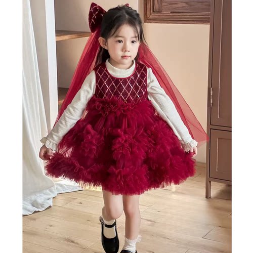 现货【红玫瑰】带蝴蝶结打底衫以实物图为主SC557女童秋季马甲裙