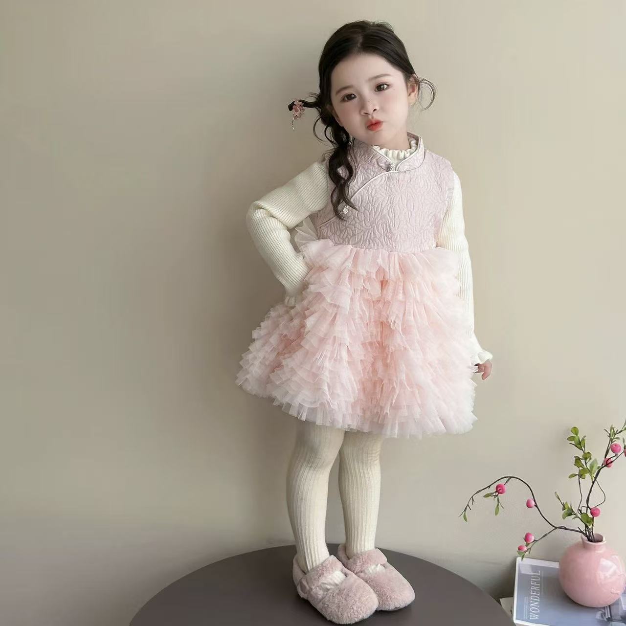 【甜心】SC769女童2025冬季国风加厚新中式加绒马甲旗袍裙拜年服