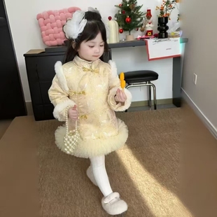 加绒加厚国风旗袍裙礼服拜年服 GF075女童冬季 现货 玉蝴蝶
