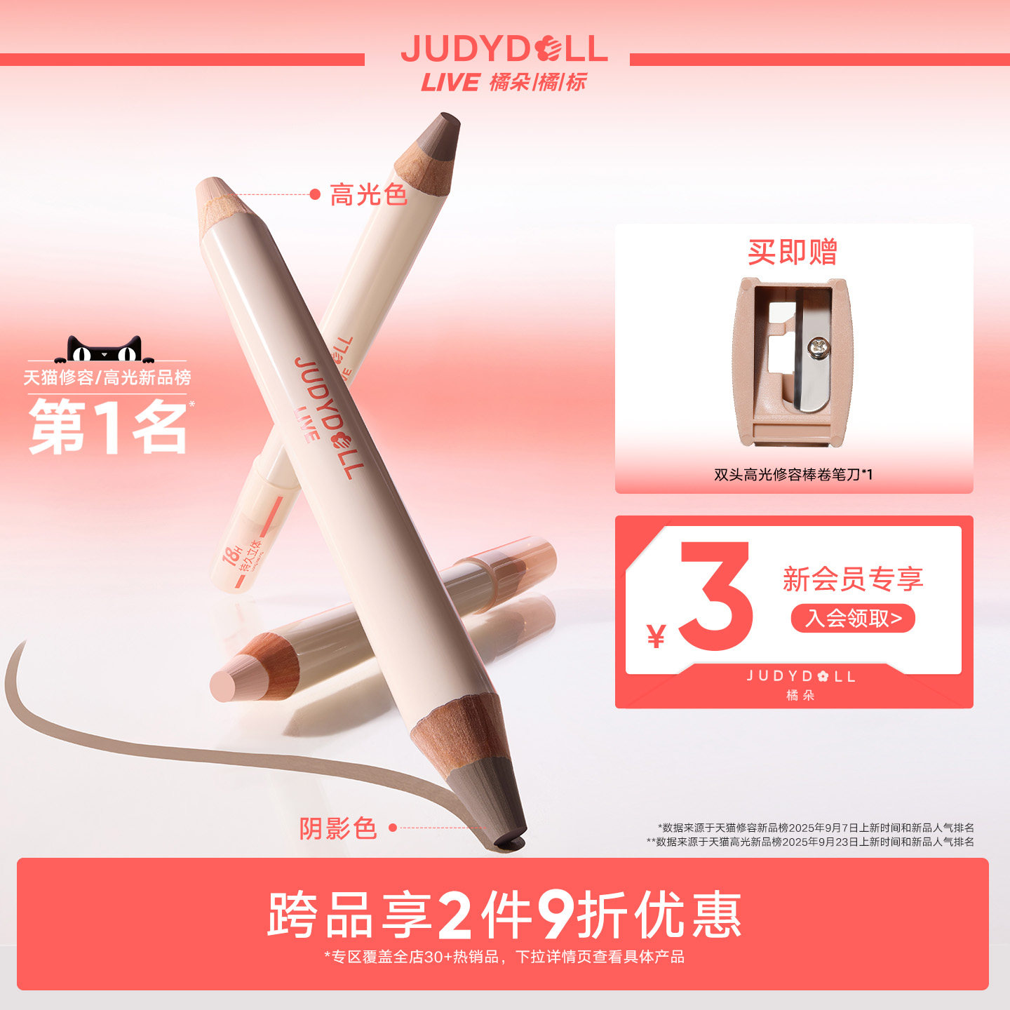 【跨品2件9折】Judydoll橘朵橘标双头修容笔鼻影高光阴影修容棒