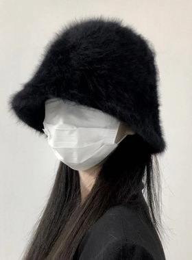 日系渔夫帽子女秋冬季兔毛绒水桶帽遮脸护耳保暖盆帽百搭显脸小潮