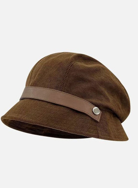 2025新款皮带棕色灯芯绒渔夫帽子女秋冬季休闲百搭素颜显脸小帽子