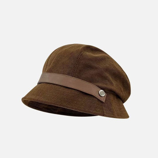 2025新款 休闲百搭素颜显脸小帽子 皮带棕色灯芯绒渔夫帽子女秋冬季