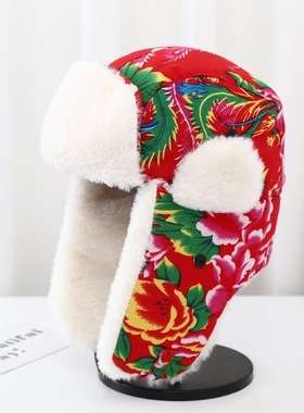 雷锋帽女冬季保暖护耳东北大花布儿童棉帽子男复古民族风火车头帽