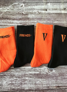 长袜男潮V字母橘黑Vlone工装裤高筒嘻哈情侣欧美街头潮ins袜子女