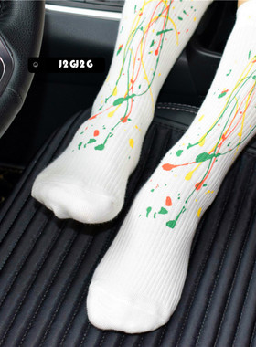 泼墨扎染双针堆堆中筒袜潮流运动ins风男女纯棉街头艺术彩色袜