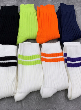 潮牌长袜男余文乐同款mdns袜子荧光绿橘色黑白高帮运动粗线冬加厚