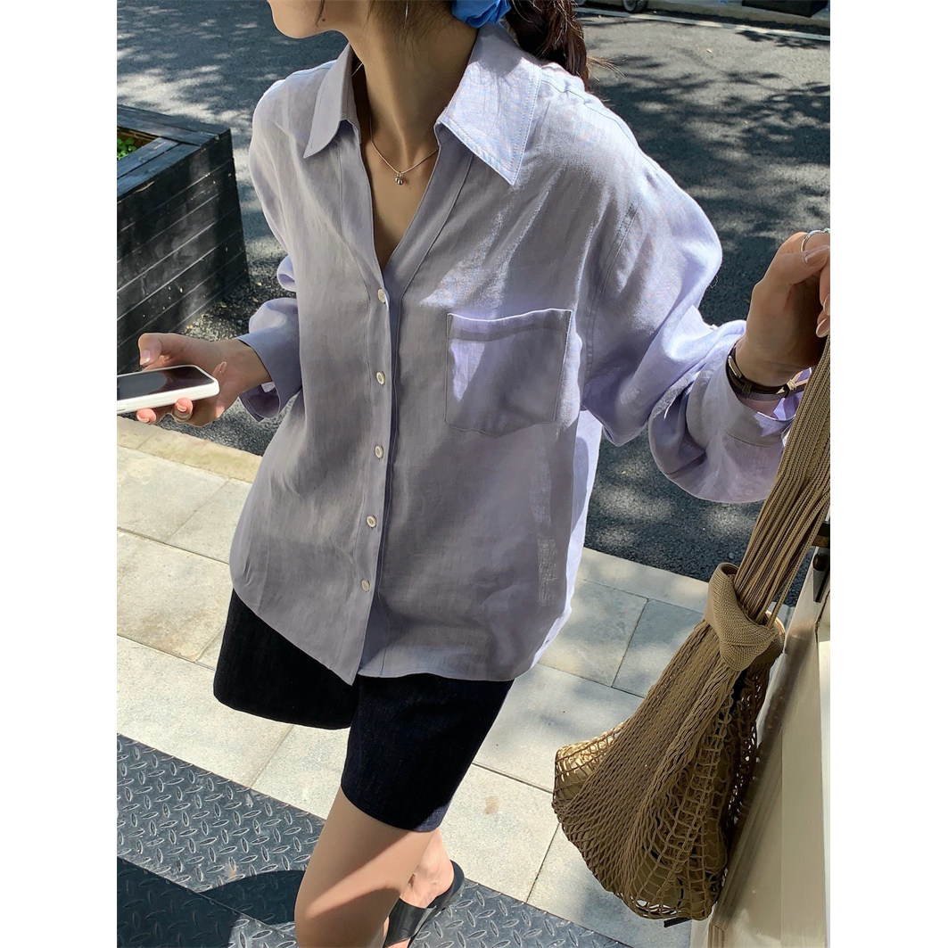 松弛感V领蓝色纯亚麻衬衫衬衣