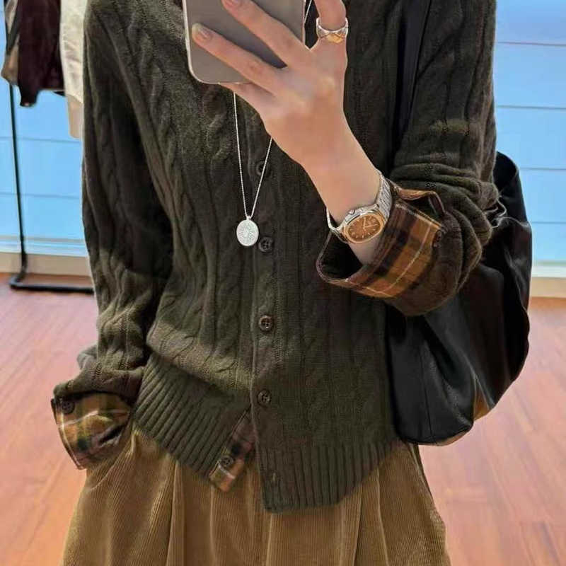 甯家 英伦风袖口拼接格纹衬衫式单排扣麻花羊毛针织开衫