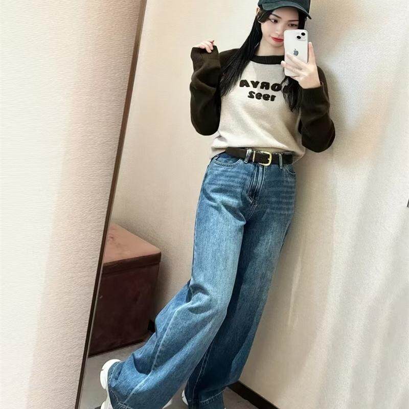 显瘦拉腿长JR纯元经典百搭蓝色直筒皮带阔腿牛仔裤女