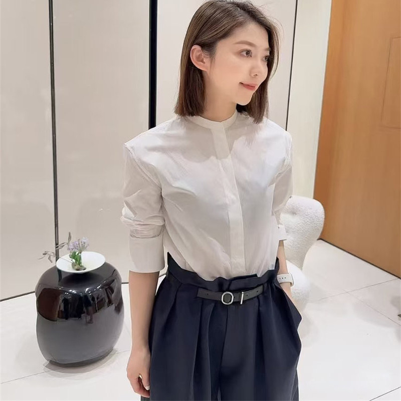 法式立领纯棉五分袖白衬衫