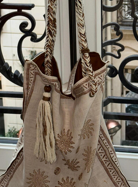 THREE新品网红同款时尚百搭亚麻民族风编绳设计单肩斜挎托特包