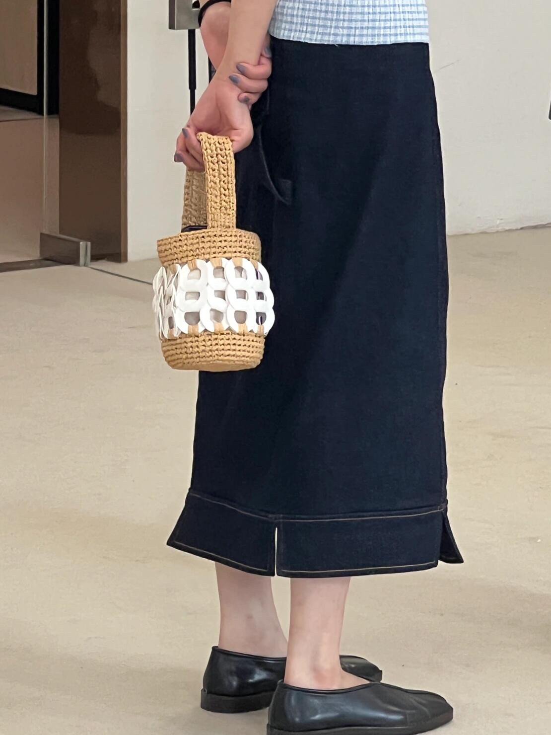 THREE新品网红同款时尚百搭小菜篮子拼接撞色设计斜挎手提包包女