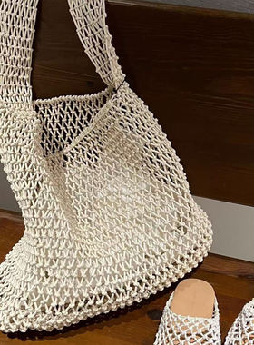 THREE新品网红同款时尚百搭手工编织清冷网兜托特设计单肩包包