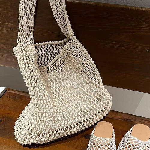 THREE新品网红同款时尚百搭手工编织清冷网兜托特设计单肩包包