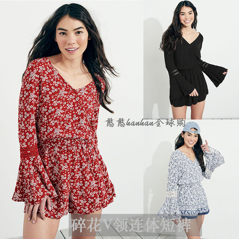 Hollister波西米亚喇叭袖碎花连体裙连衣短裤201729