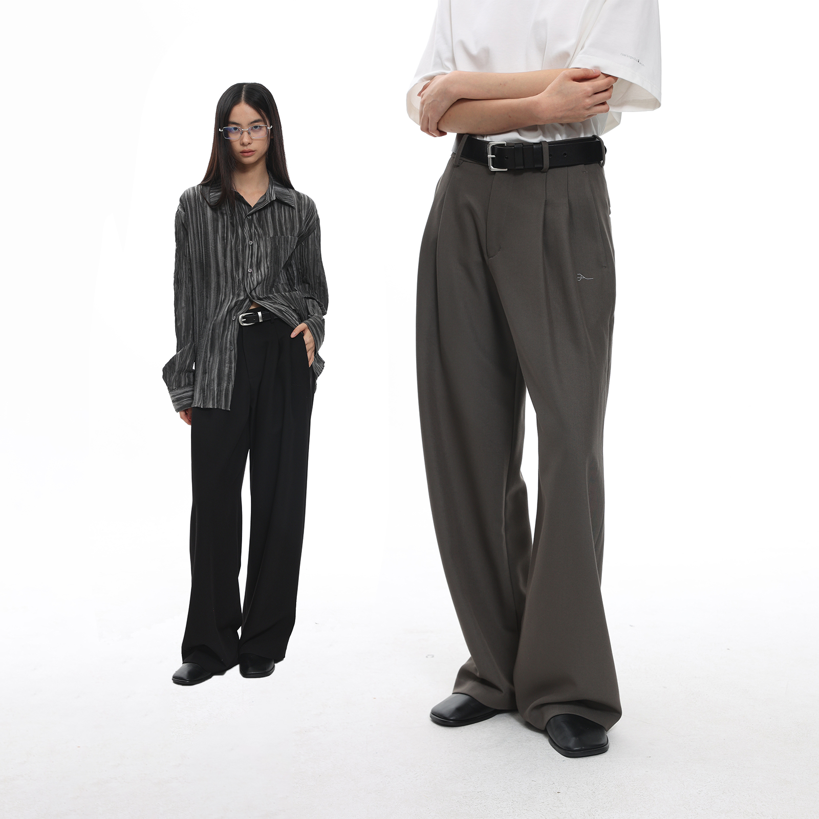 咆哮野兽黑色双褶垂感西裤