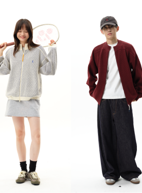 roaringwild a arch咆哮野兽米白色开衫格子外套美式华夫格毛衣男