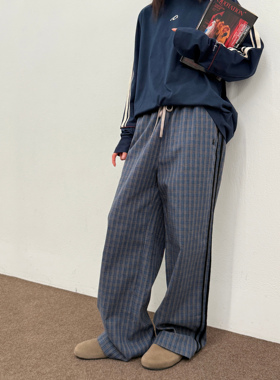 roaringwild a arch 咆哮野兽 蓝色格纹休闲裤男宽松美式抽绳长裤