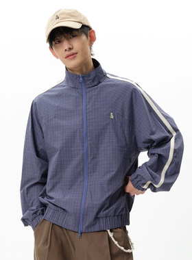 roaringwild a arch咆哮野兽蓝色织带撞色上衣格纹拼接夹克外套男