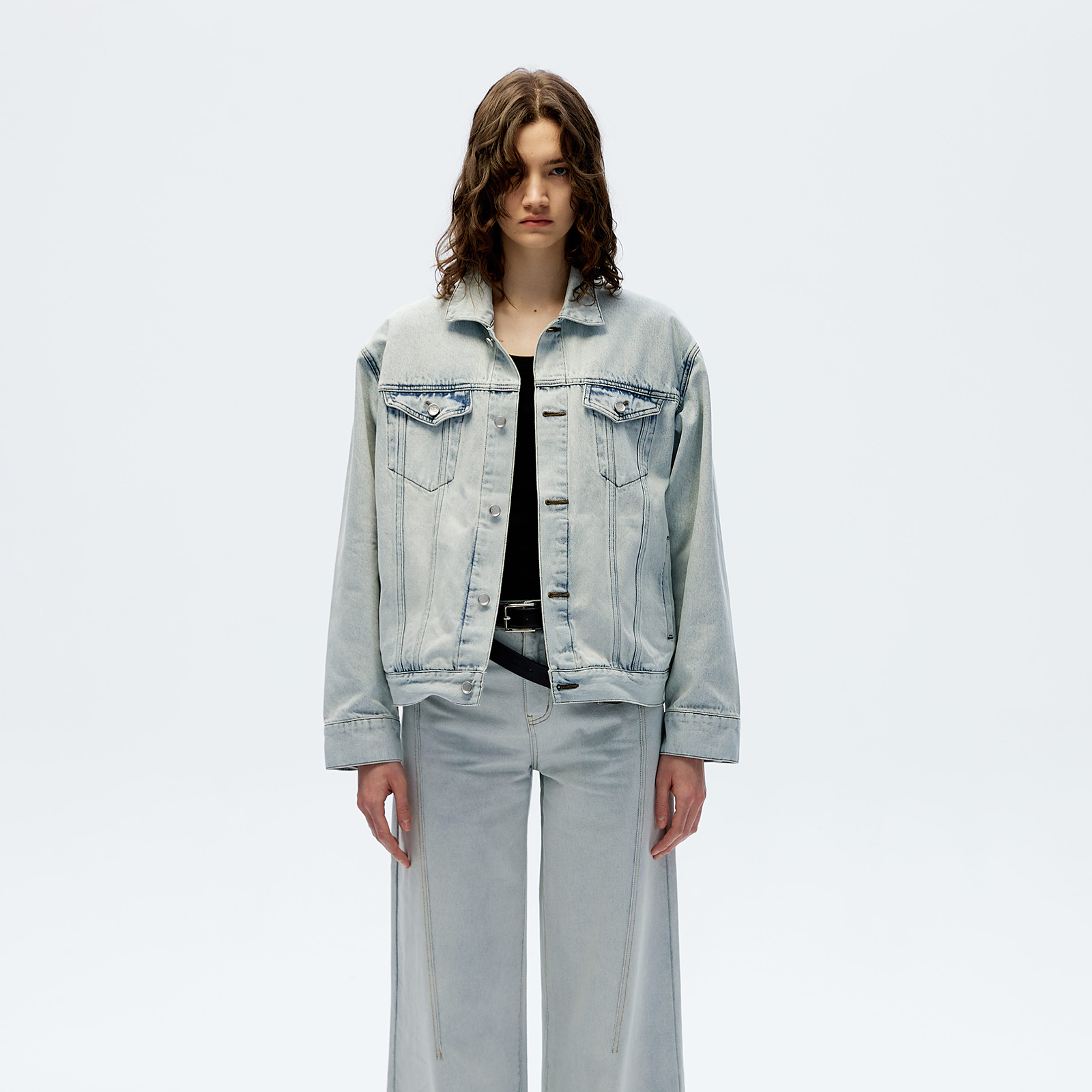 咆哮野兽冰蓝错位水洗牛仔夹克