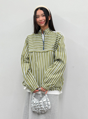 roaringwild a arch 咆哮野兽 绿色条纹半拉链立领休闲长袖衬衫男