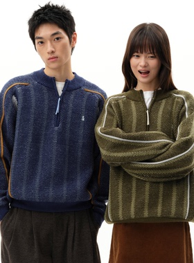 roaringwild a arch咆哮野兽蓝色条纹上衣半拉链套头情侣针织毛衣