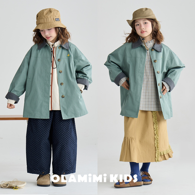 OLAMIMI儿童亲子2026春春野松苔绿翻领撞色梨子刺绣风衣夹克外套