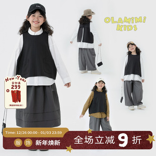 OLAMIMI定制2025春 背心马甲 亲子欧法系高级气质竖条纹开衩短款
