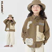 衬衫 复古小众设计感格纹拼布翻领纯棉长袖 亲子美式 OLAMIMI童装