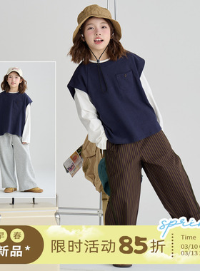 OLAMIMI儿童亲子2026春原创藏青海盐假两件长袖简约拼色T恤长袖