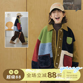 OLAMIMI儿童亲子冬季 艺术解构多彩拼接复古翻领仿羔绒保暖外套