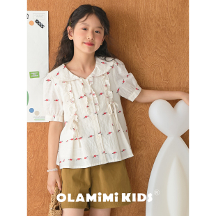 OLAMIMI夏亲子女童小绯花娃娃领碎花短袖衬衫女童法式田园风上衣