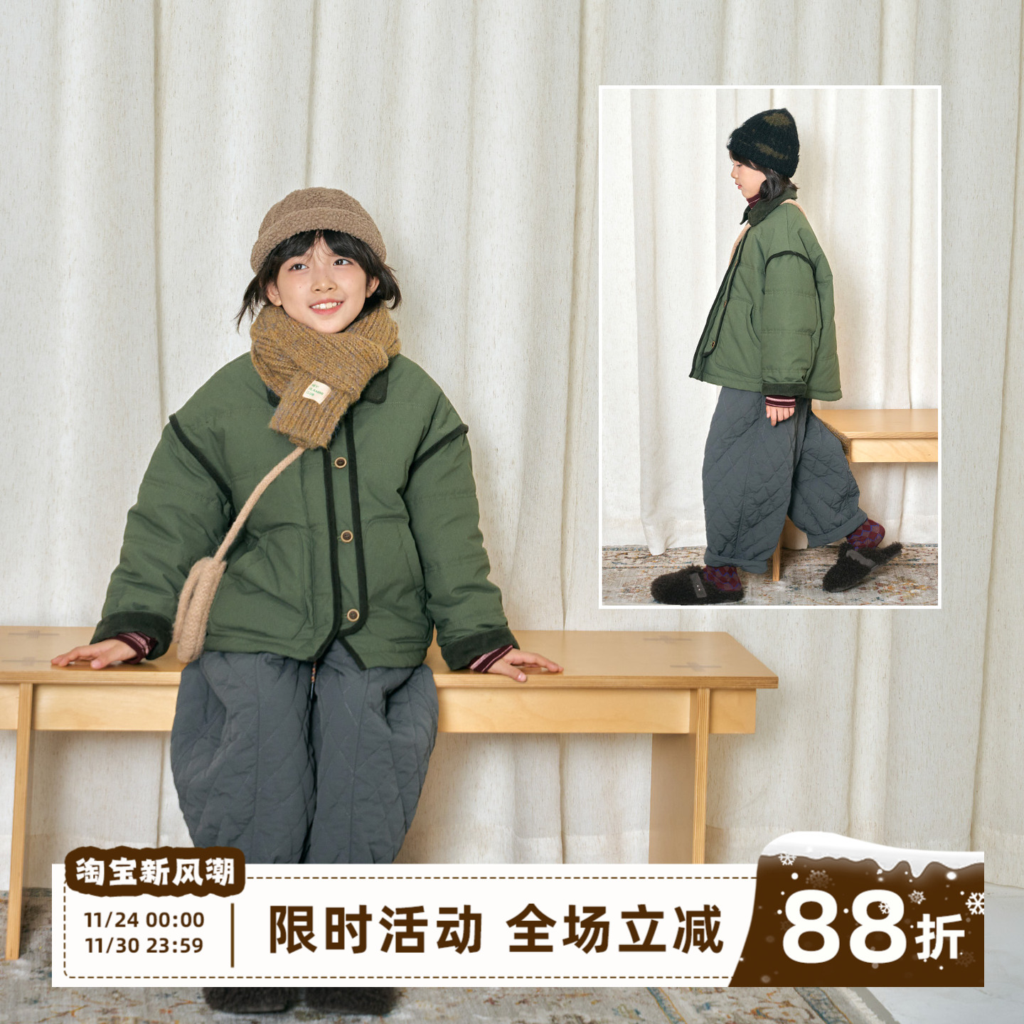OLAMIMI儿童亲子2025冬榉木绿复古工装外套加厚保暖撞色棉服夹克