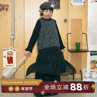 OLAMIMI 2025秋冬儿童亲子毛呢拼接法式假两件欧根纱无袖连衣裙