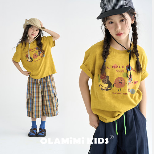OLAMIMI女童竹节棉动物涂鸦T恤