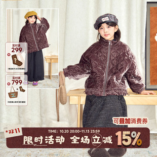 OLAMIMI儿童亲子2025冬檀紫仿丝绒菱格珩棉抽绳宽松立领外套棉服