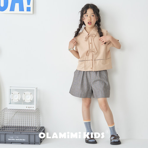 OLAMIMI儿童夏季镂空蝴蝶结衬衫