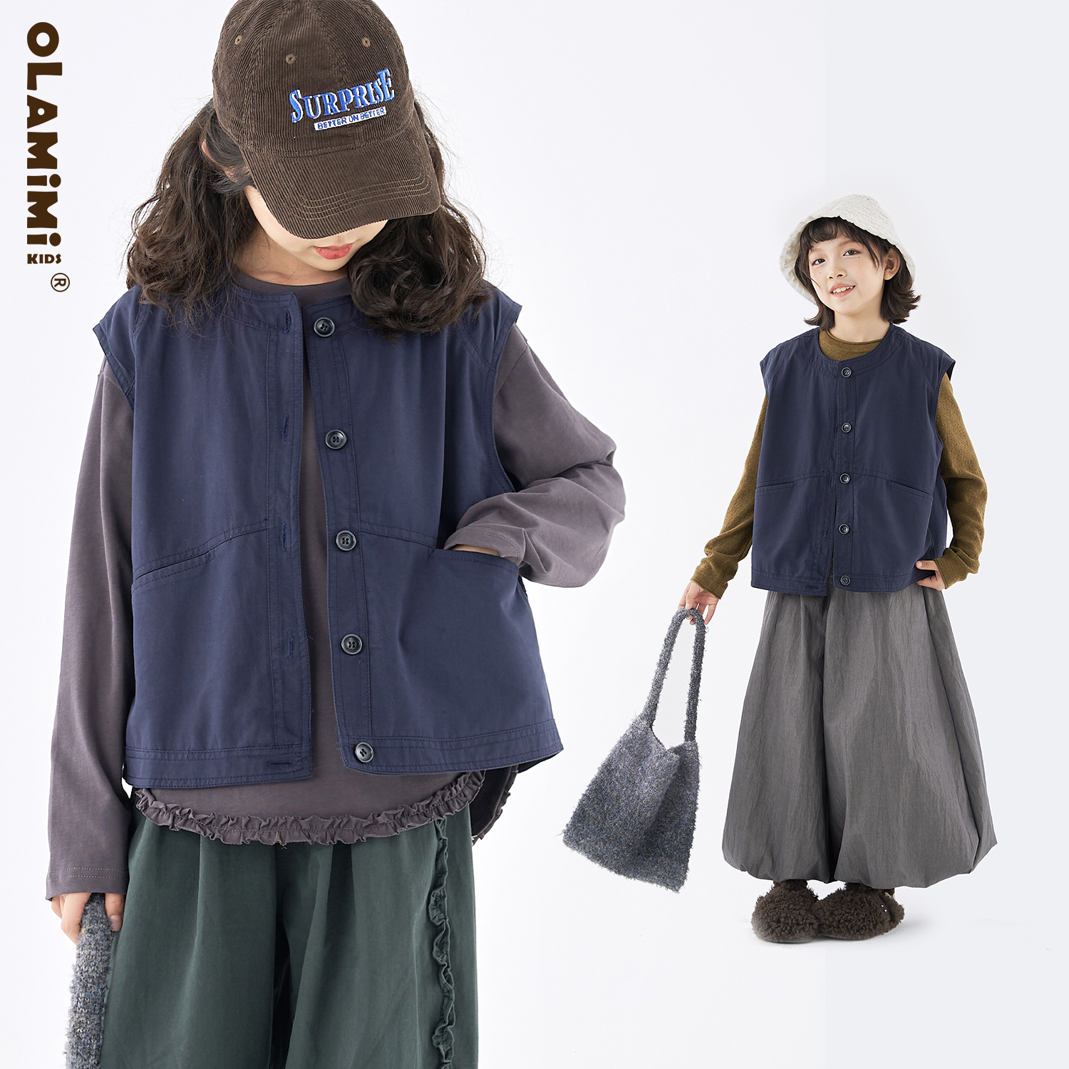 OLAMIMI儿童复古圆领藏青马甲