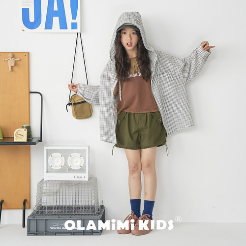 OLAMIMI夏亲子儿童韩系细格连帽宽松轻薄透气防晒衣空调衫外套