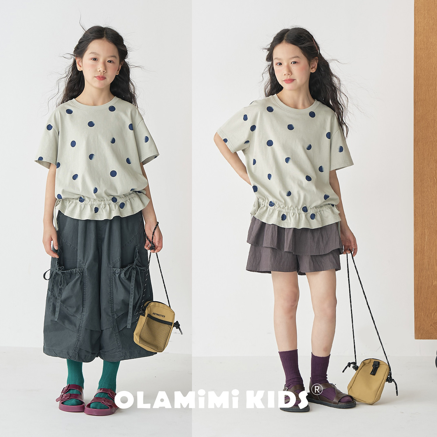 OLAMIMI女童烟波豆灰绿波点T恤图片