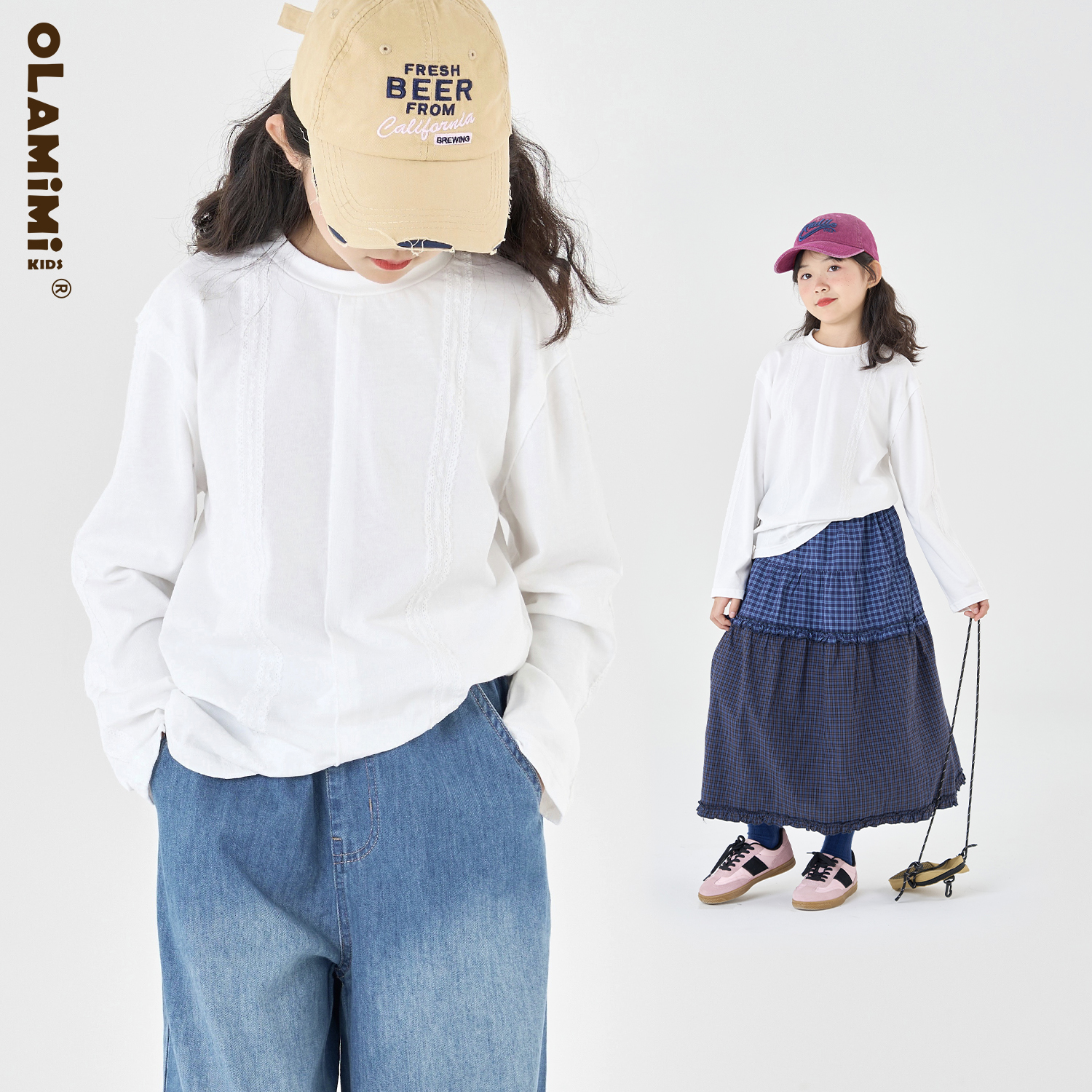 纯色肌理感蕾丝花边休闲长袖T恤