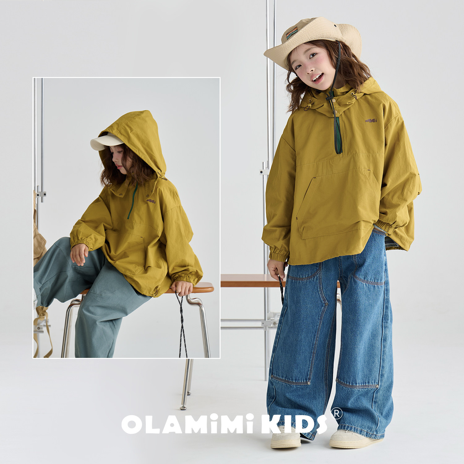 OLAMIMI儿童亲子2026春山系风半开襟拉链撞色连帽户外冲锋衣外套