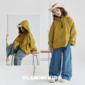 OLAMIMI儿童亲子2026春山系风半开襟拉链撞色连帽户外冲锋衣外套