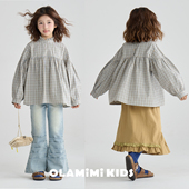 OLAMIMI儿童亲子2026春汀蓝杏格纹森系法式 花边半高领抽皱娃娃衫
