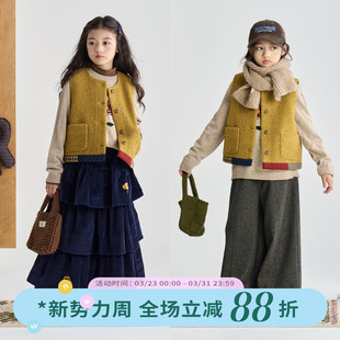 OLAMIMI儿童亲子2025冬小众复古麦浪黄撞色拼接羊毛毛呢马甲坎肩