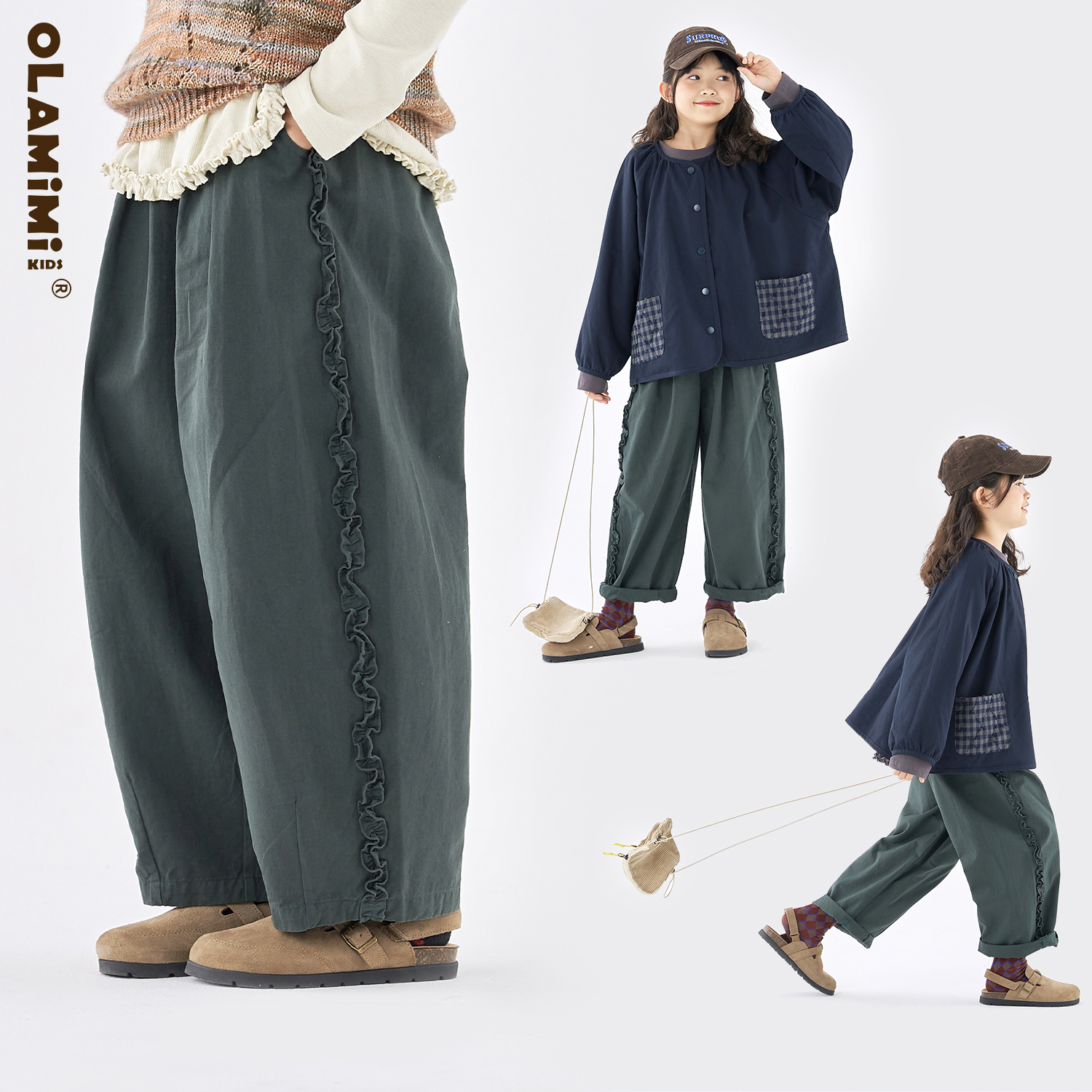 女童森系墨绿松紧腰休闲裤萝卜裤