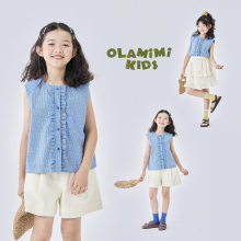 OLAMIMI 定制 2025夏 亲子女童简约风清新蓝格木耳边上衣无袖衬衫