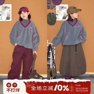 OLAMIMI儿童亲子2025冬灰紫撞色V领刺绣明线休闲加绒摇粒绒大卫衣