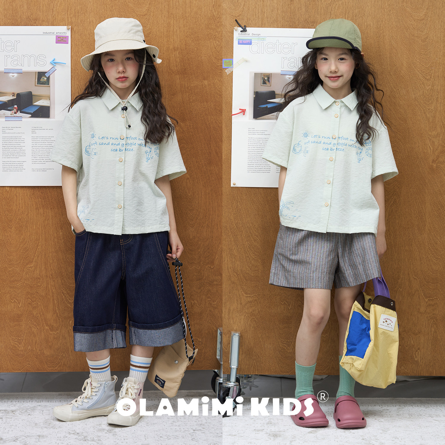 OLAMIMI儿童亲子2026夏日系度假风清新椰子海岛印花翻领短袖衬衫